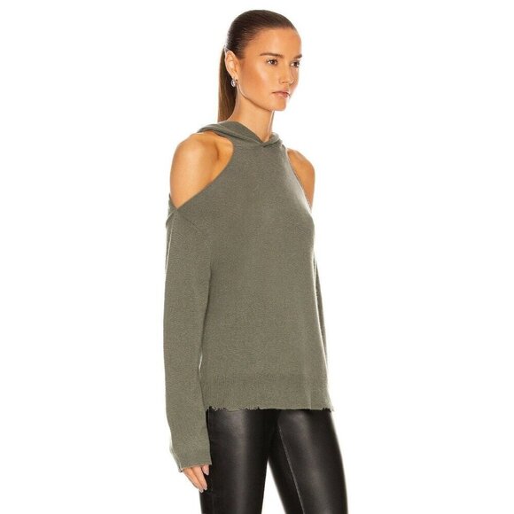 RTA Juno Cashmere Cold Shoulder Hooded Sweater Olive Green Womens Size Medium - Picture 3 of 8